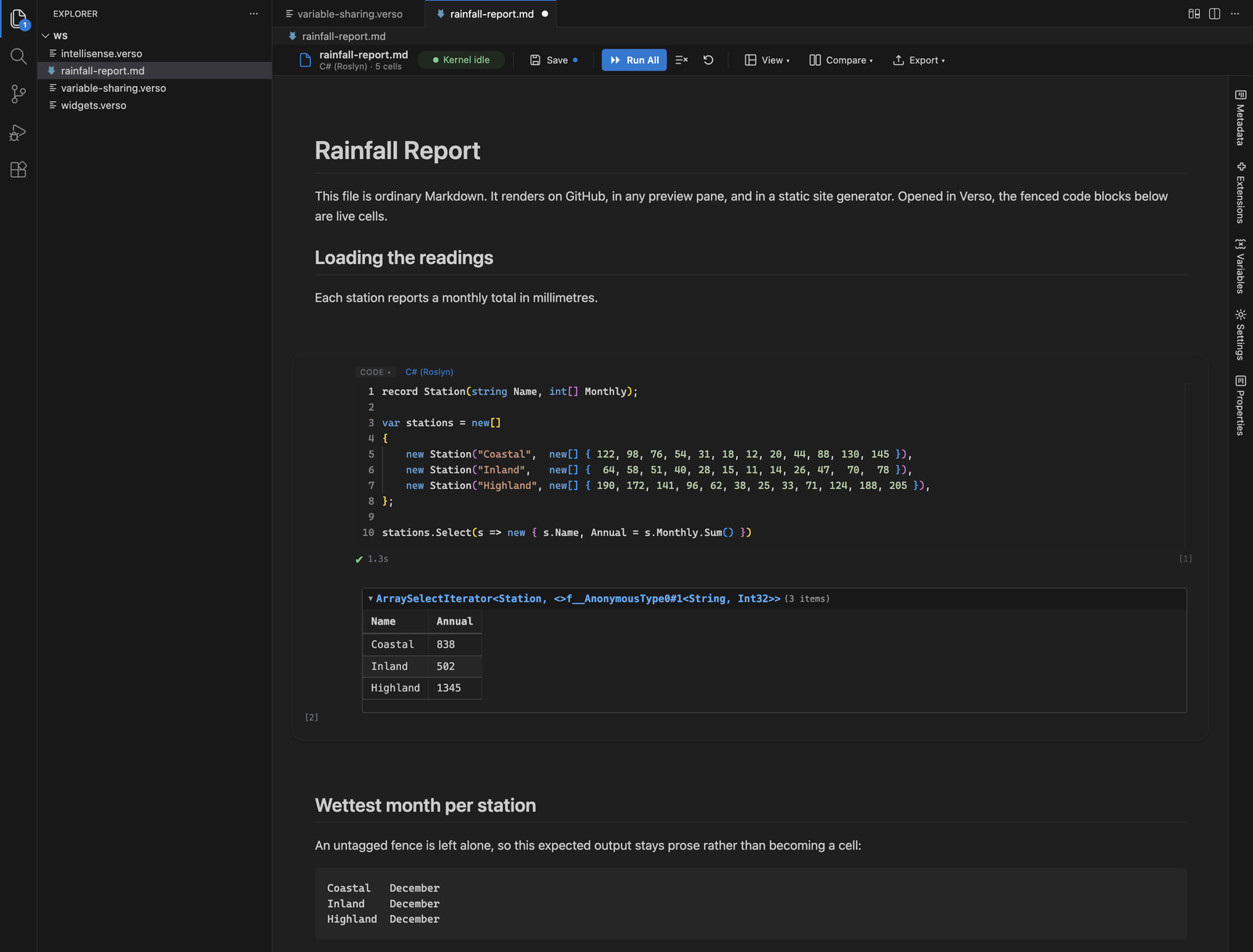 A Markdown file open as a notebook, with its fenced code blocks running as cells